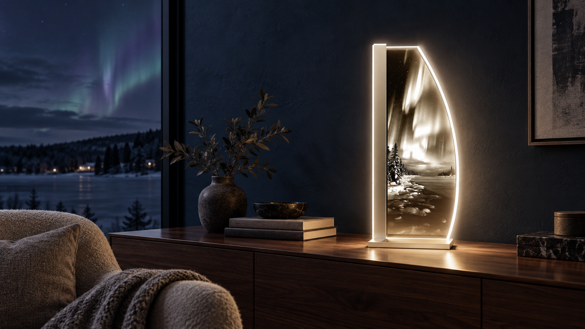 LUVERRE Nordlichter-Leuchte in einer weiten, nordischen Nachtszene