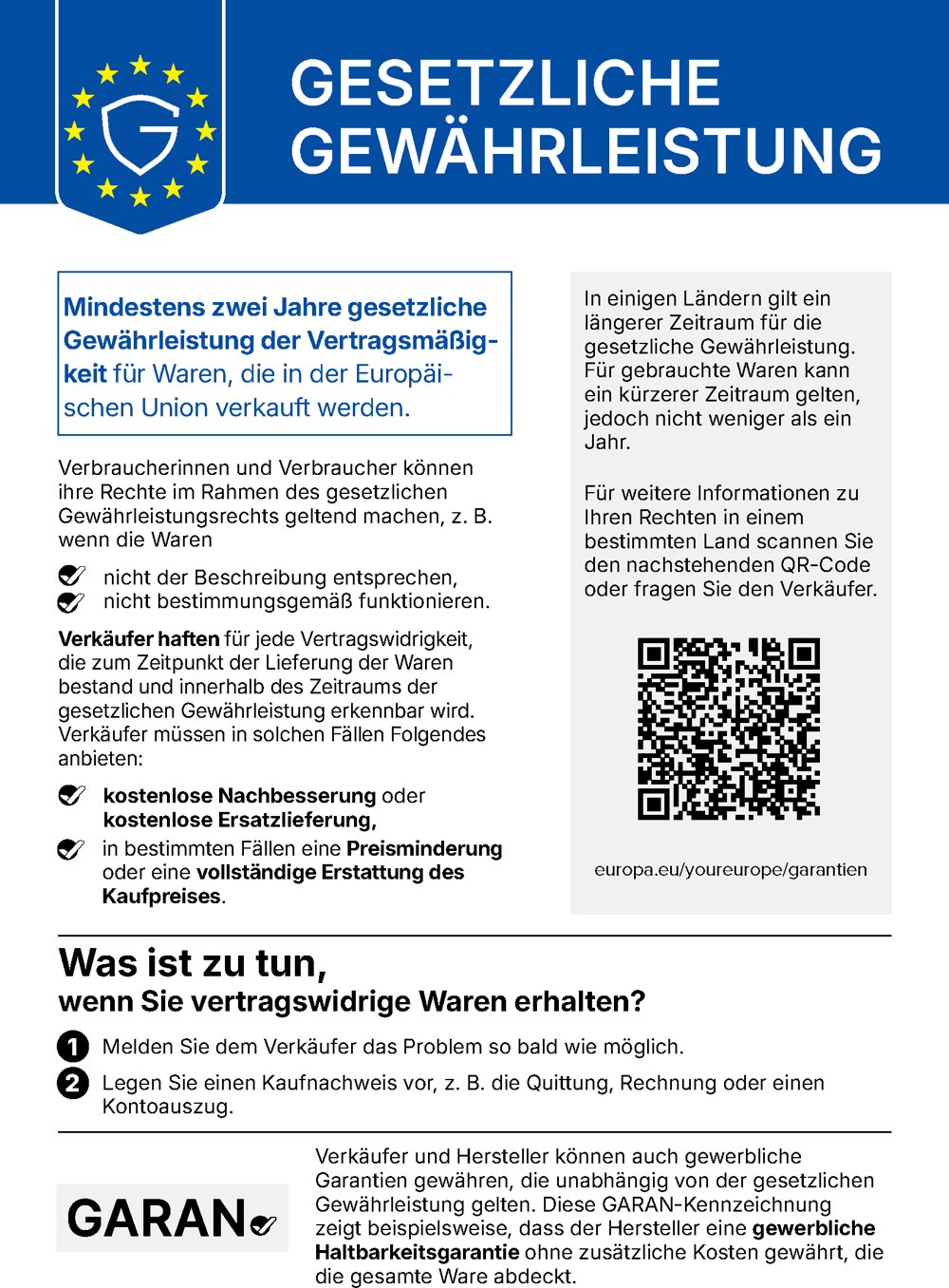 Gesetzliche Gewährleistung – harmonisierter Hinweis der Europäischen Union
