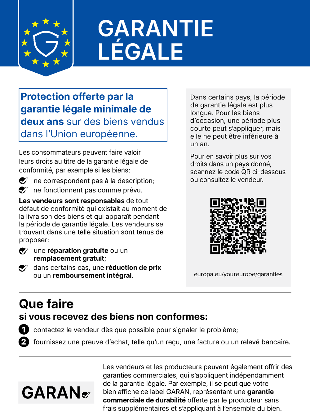 Garantie légale – avis harmonisé de l’Union européenne