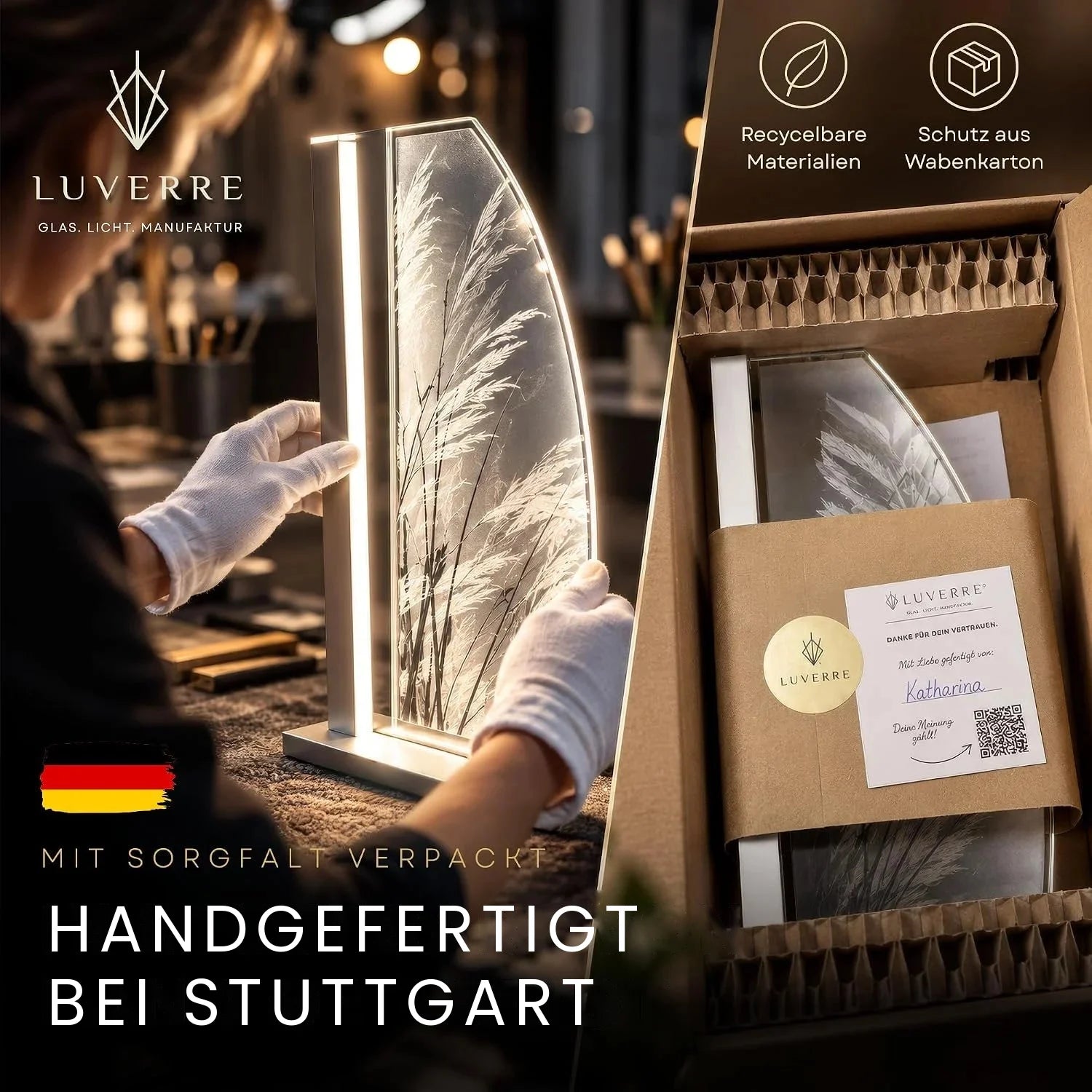 Jede Leuchte wird in unserer Werkstatt bei Stuttgart von Hand montiert und verpackt.